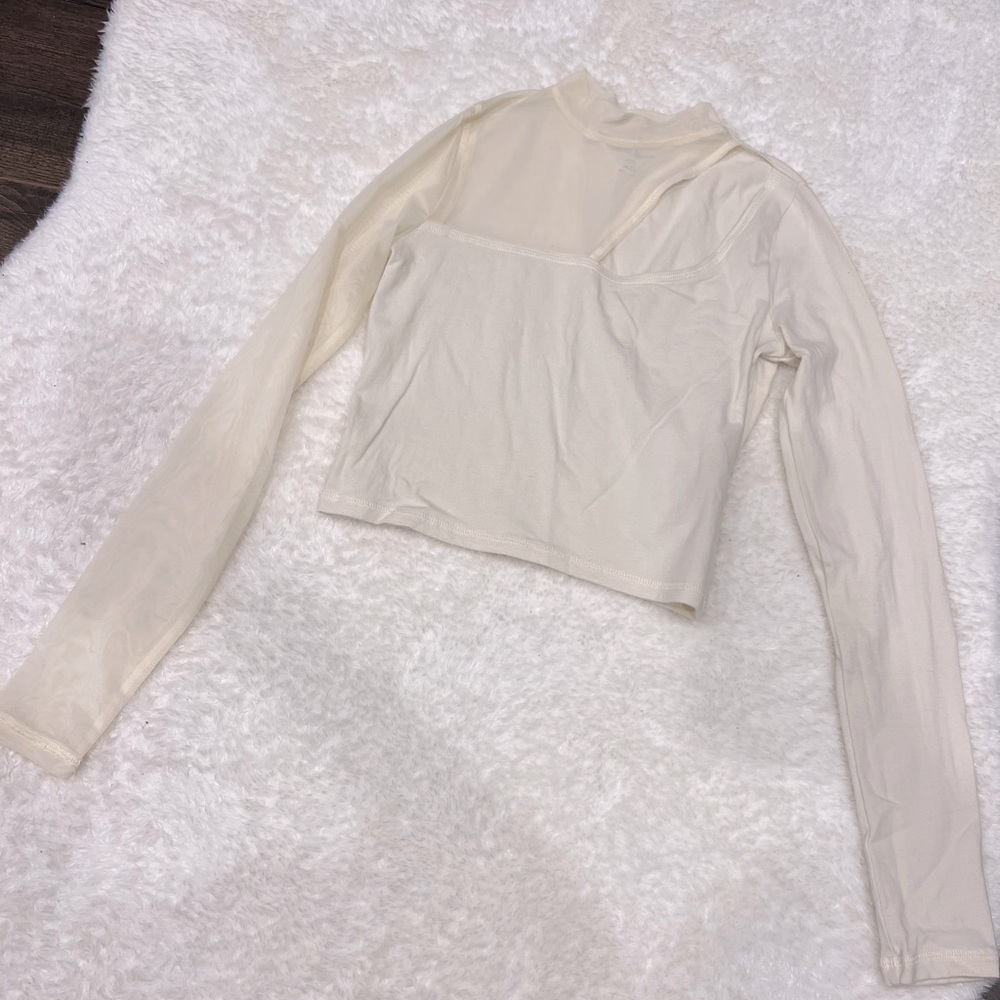 Hollister Cream Cut Out Mesh Long Sleeve mock neck crop top